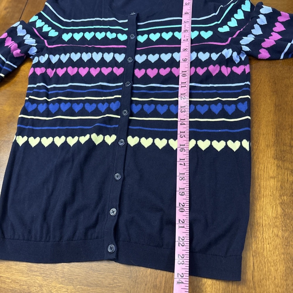 Talbots Women's Navy Blue Hearts & Stripes Print Cardigan Sweater Size S Rainbow - Picture 10 of 12